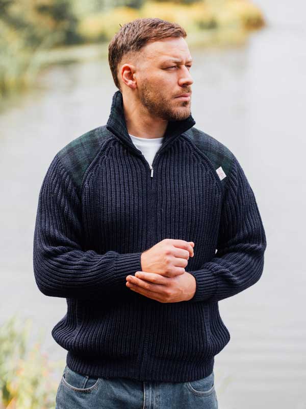 Shetlander Full Zip Cardigan with Harris Tweed Shoulder patches Navy