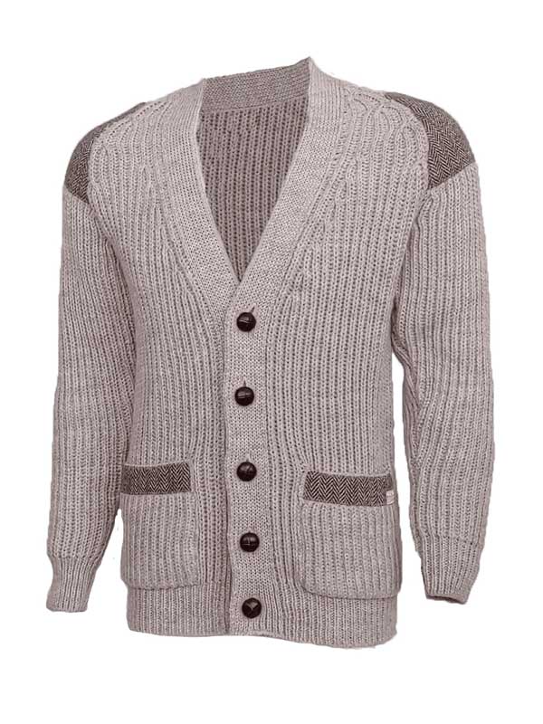 Chunky Knit Traditional Cardigan With Harris Tweed Patches Light Grey Welsh - Afbeelding 2