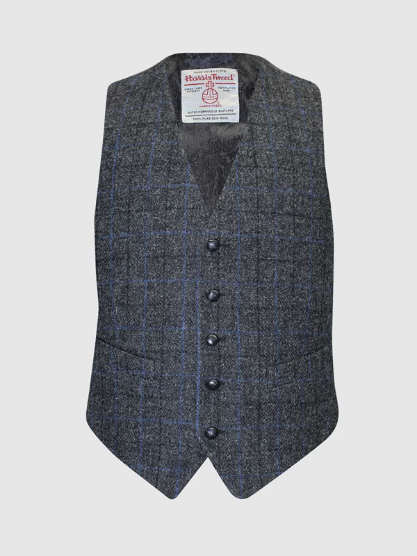 Harris Tweed Vestje, Iain Waistcoat - Grey/Blue Check