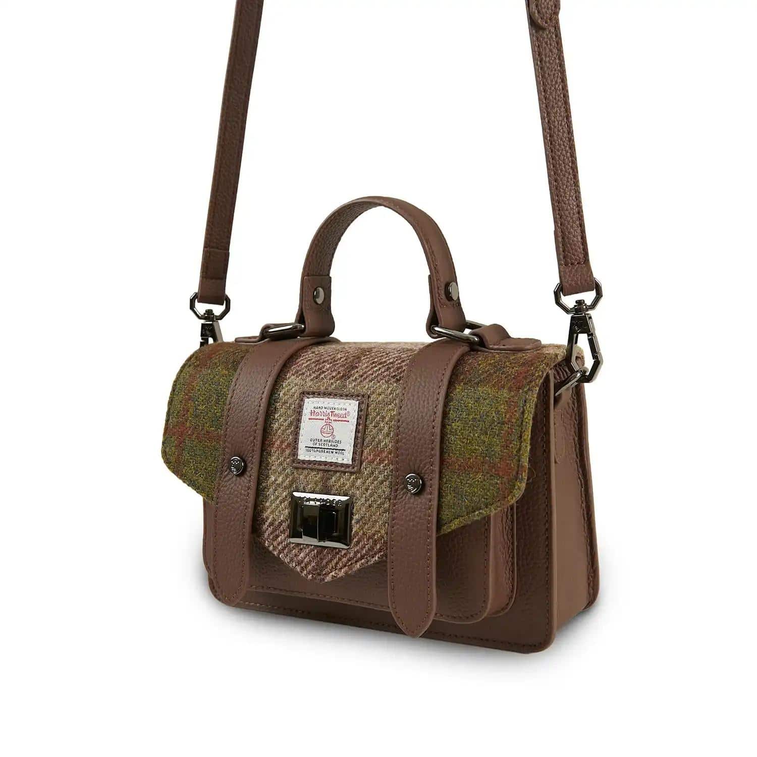 Harris Tweed Clutch, The Leather Mini Satchel, Islander, Chestnut Tartan