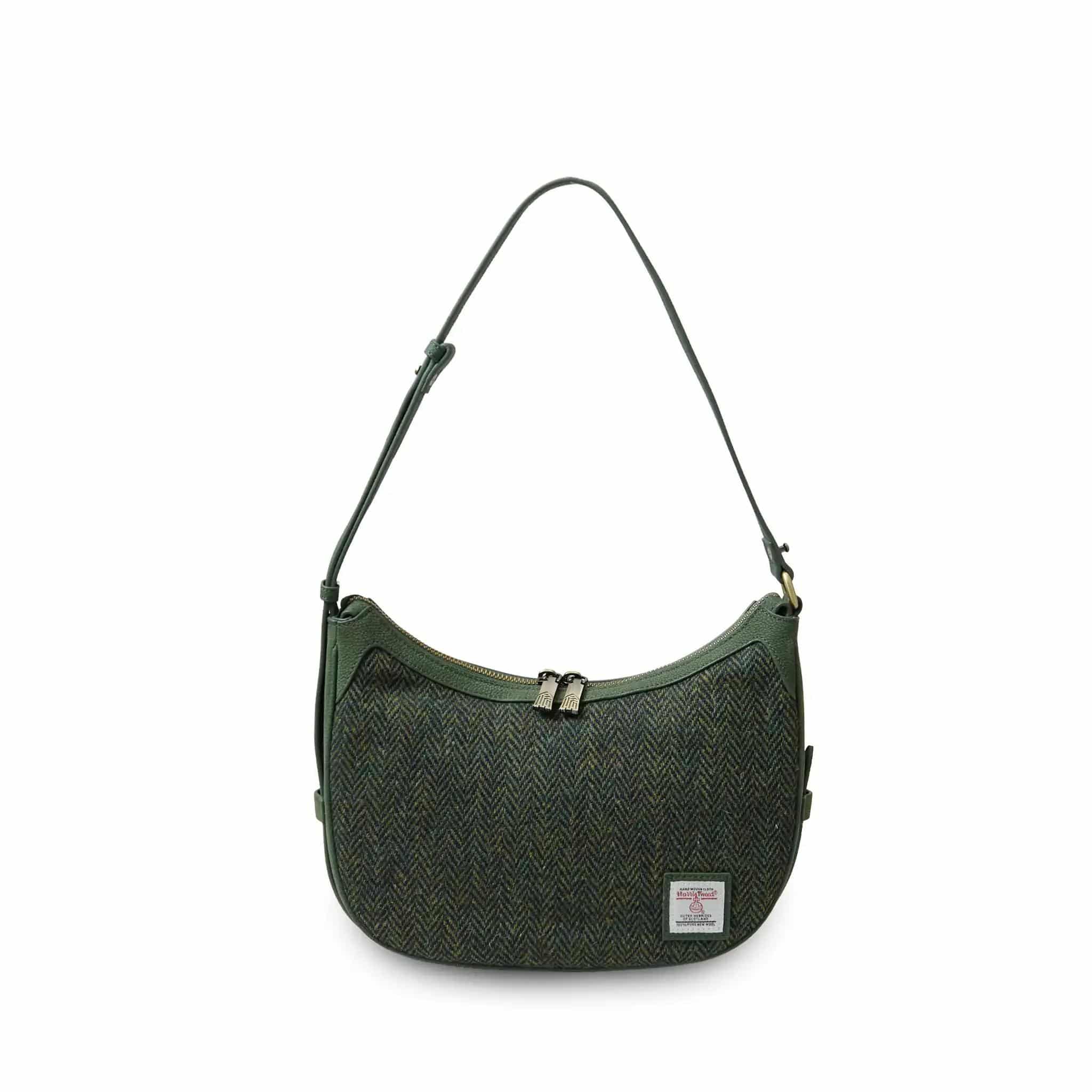 Harris Tweed Shoulder Bag, The Ellon, Islander, Dark Green Herringbone