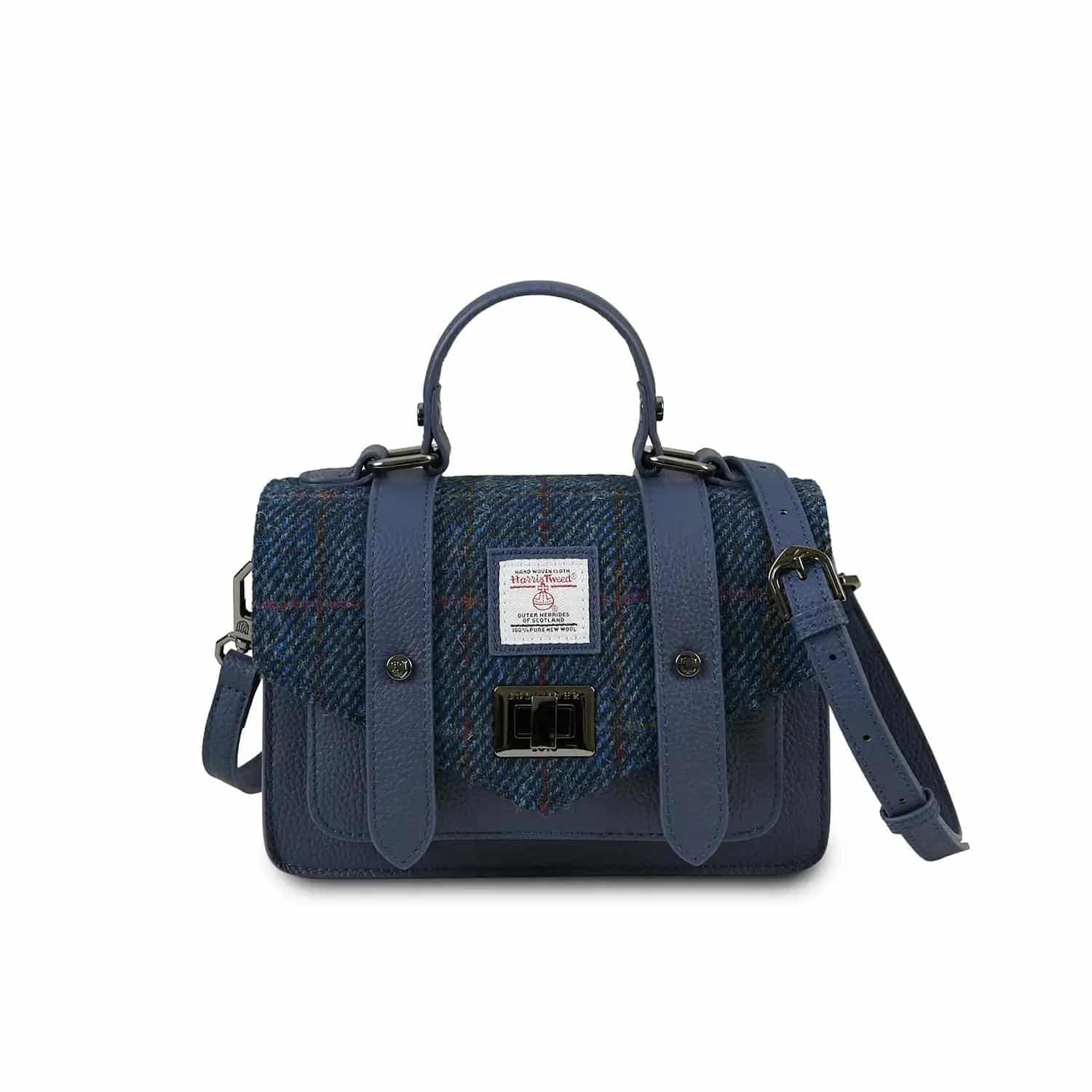 Harris Tweed Clutch, The Leather Mini Satchel, Islander, Navy Over-Check