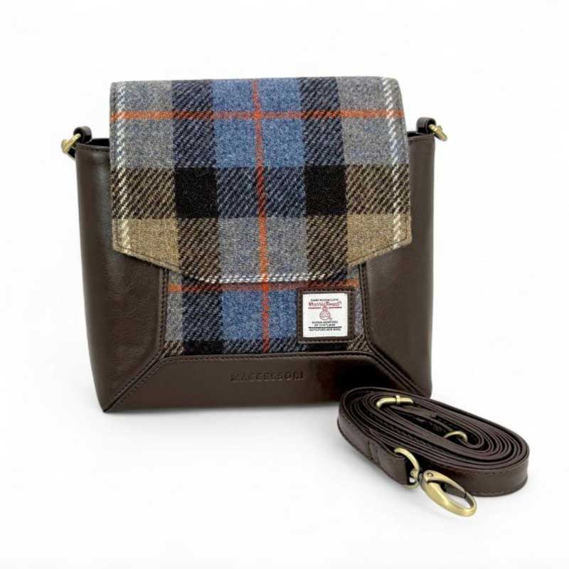 Harris Tweed Highland Messenger Bag In Blue/Brown Check - Afbeelding 2