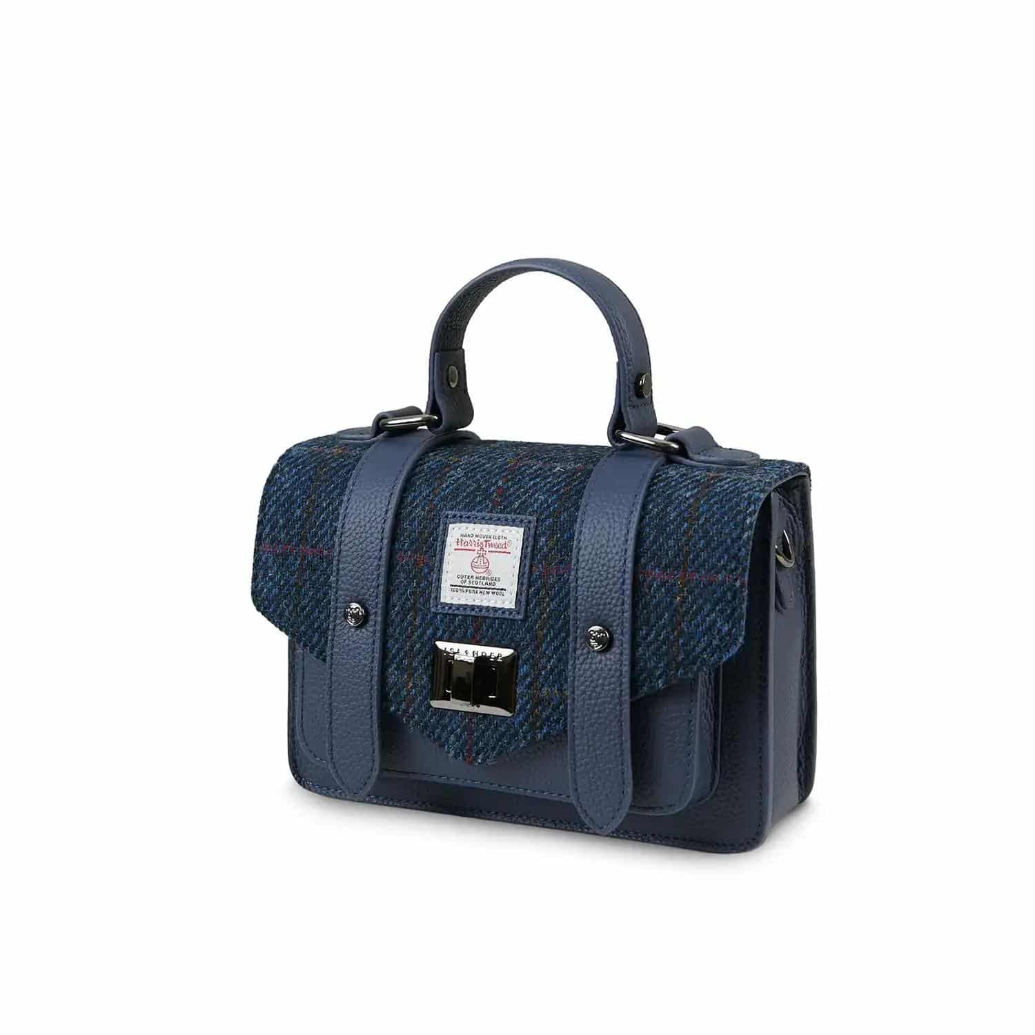 Harris Tweed Clutch, The Leather Mini Satchel, Islander, Navy Over-Check - Afbeelding 2
