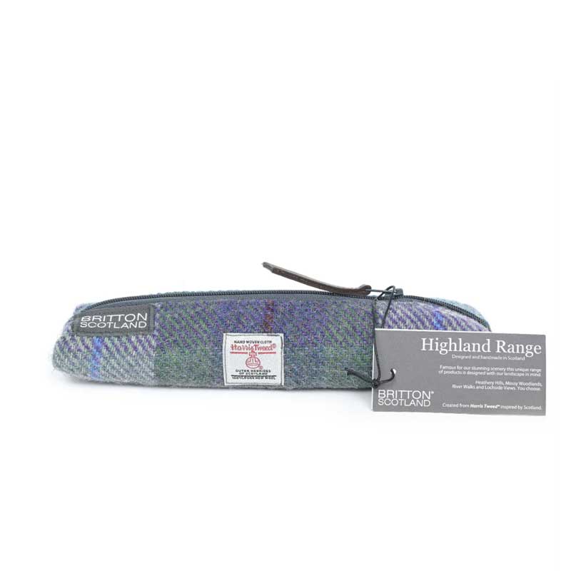Harris Tweed Highland Range Slim Pencil Case Blue Green Plaid