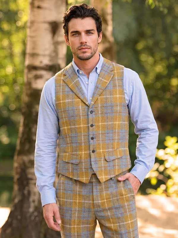 Harris Tweed Vestje "Wales" Met Revers In Amber Check