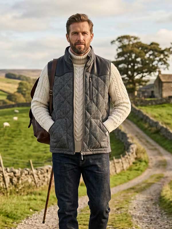 Harris Tweed Bodywarmer “Levi” Gevoerd Met Lederen Applicaties In Anthra Herringbone
