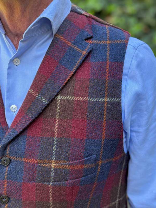 Harris Tweed Vestje Wales Met Revers In Berry Check - Afbeelding 3