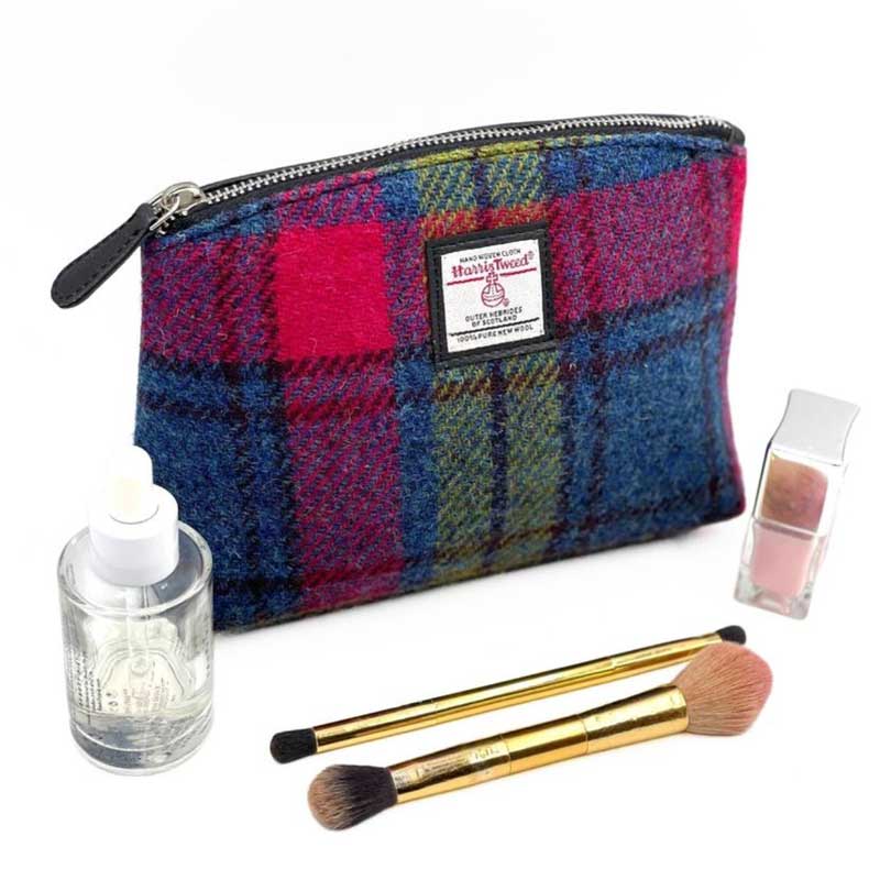 Harris Tweed Cosmetic Bag In Blue/Pink Check - Afbeelding 2