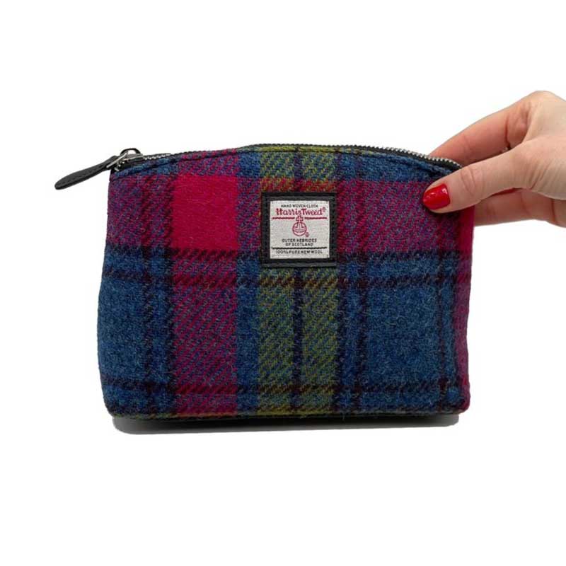 Harris Tweed Cosmetic Bag In Blue/Pink Check - Afbeelding 4