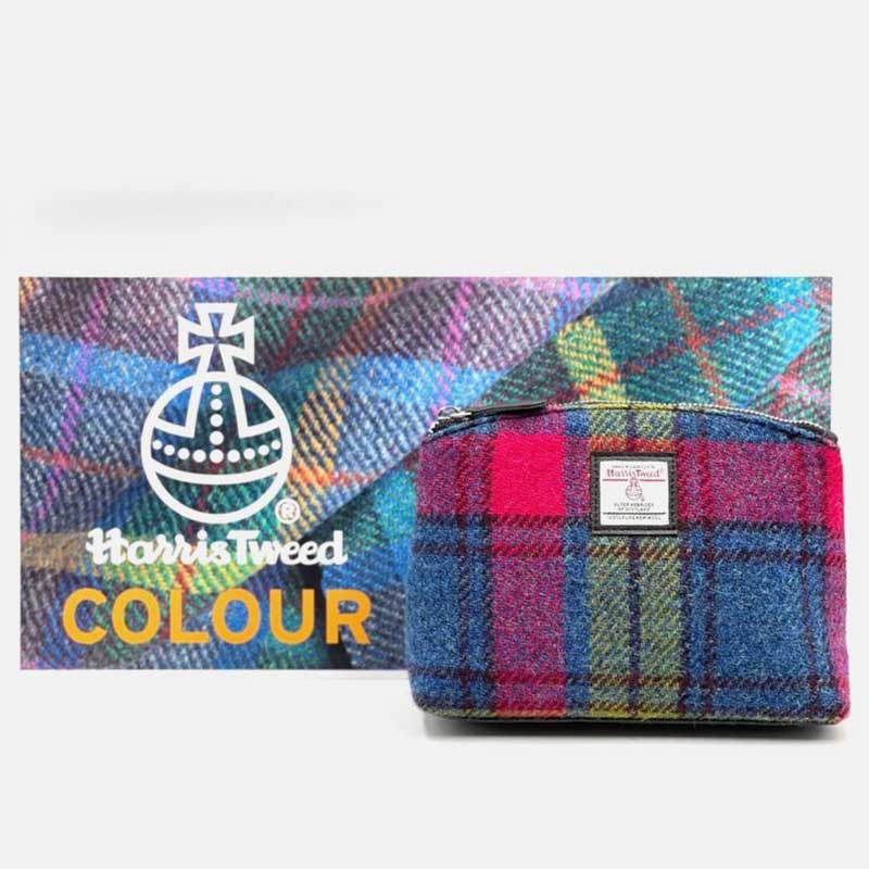 Harris Tweed Cosmetic Bag In Blue/Pink Check - Afbeelding 3