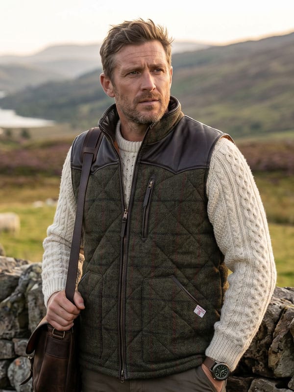 Harris Tweed Bodywarmer “Levi” In Green Overcheck