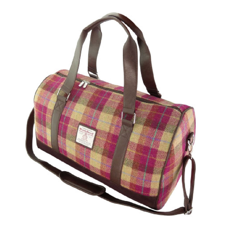 Harris Tweed 'Clyde' Weekend Bag in Burgundy & Sand Tartan